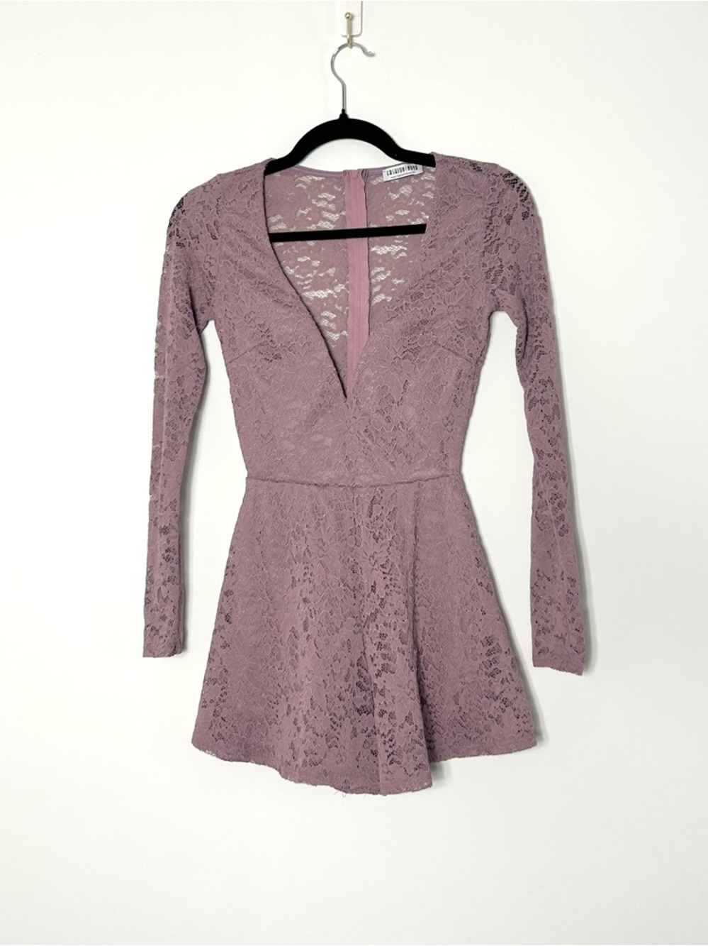 FashionNova Lace Long-Sleeve Plunge V-Neck Romper - Mauve